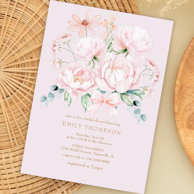 Pink Peonies Wildflowers Bow Garden Bridal Shower Invitation (Creator Uploaded)