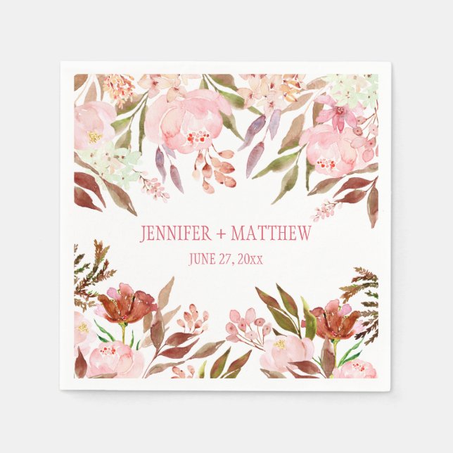 Pink Peonies Wildflowers Greenery Reception | Napkin (Front)
