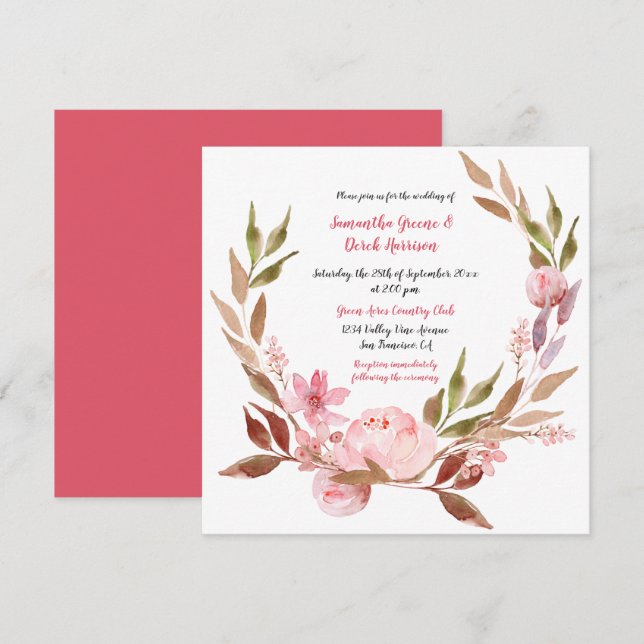 Pink Peonies, Wildflowers, Greenery Wreath Wedding Invitation (Front/Back)