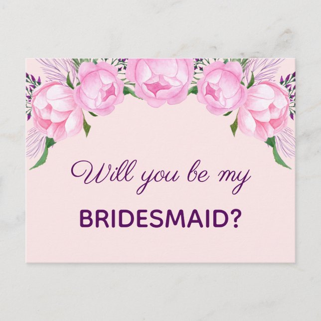 Pink Peonies | Will You Be My Bridesmaid Invitation Postcard (Front)