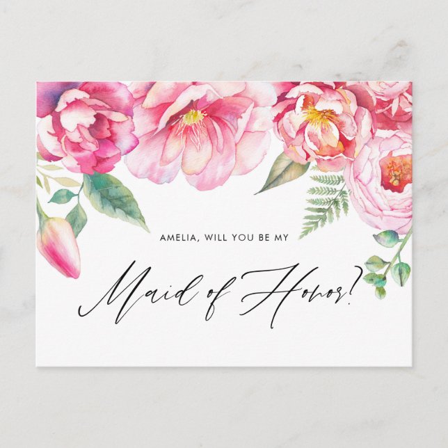 Pink Peonies Will You Be My Maid of Honour Proposa Invitation Postcard (Front)