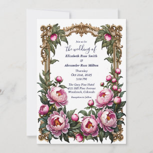Pink peonies with beautiful art frame wedding  invitation