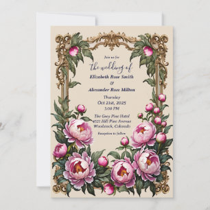 Pink peonies with elegant art frame wedding invitation