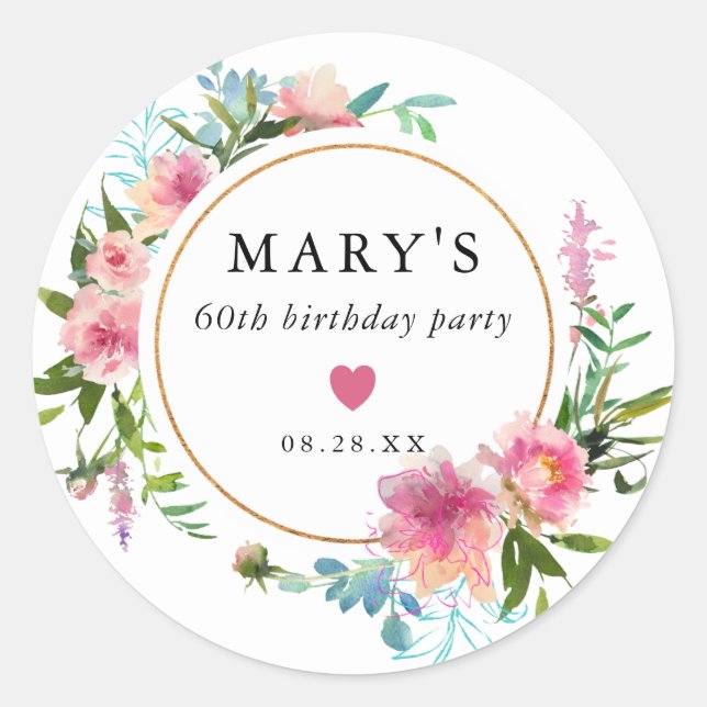 Pink Peony 60th Birthday Party Favour Classic Round Sticker (Front)