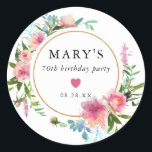 Pink Peony 70th Birthday Party Favour Classic Round Sticker<br><div class="desc">Chic and elegant 70th birthday party favour seal. A double gold frame surrounds the birthday woman's name, and the date. Elegant pink peonies decorate the frame. The peony flowers have dark magenta centres and fade out to light pink. A small pink heart is placed in the centre of the seal....</div>