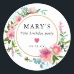 Pink Peony 70th Birthday Party Favour Classic Round Sticker<br><div class="desc">Chic and elegant 70th birthday party favour seal. A double gold frame surrounds the birthday woman's name, and the date. Elegant pink peonies decorate the frame. The peony flowers have dark magenta centres and fade out to light pink. A small pink heart is placed in the centre of the seal....</div>