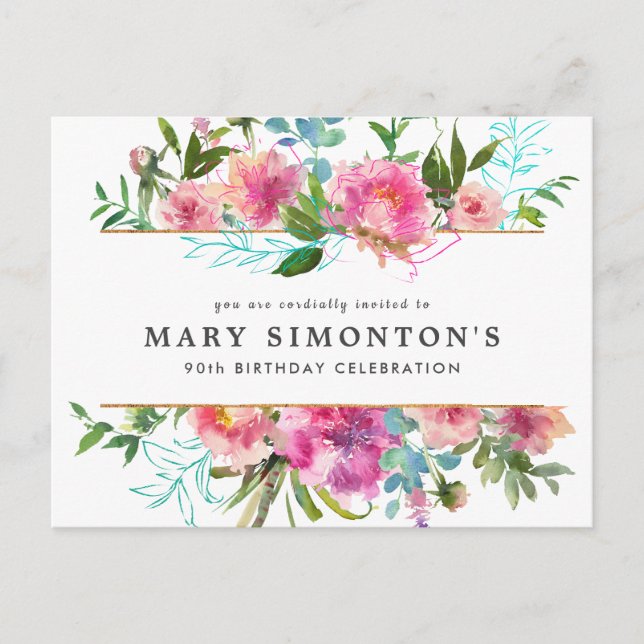 Pink Peony 90th Birthday Invitation Postcard (Front)
