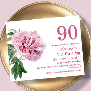 Pink Peony 90th Budget Birthday Invitation
