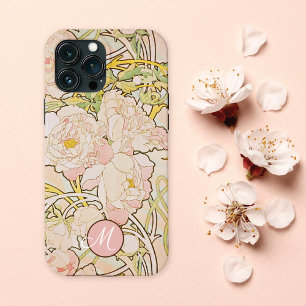 Pink Peony Alphonse Mucha Monogram iPhone 13 Pro Max Case
