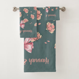Pink Peony and Bow Pattern Bath Towel Set