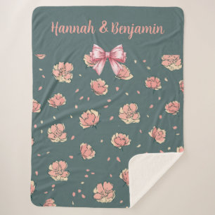 Pink Peony and Bow Pattern Sherpa Blanket