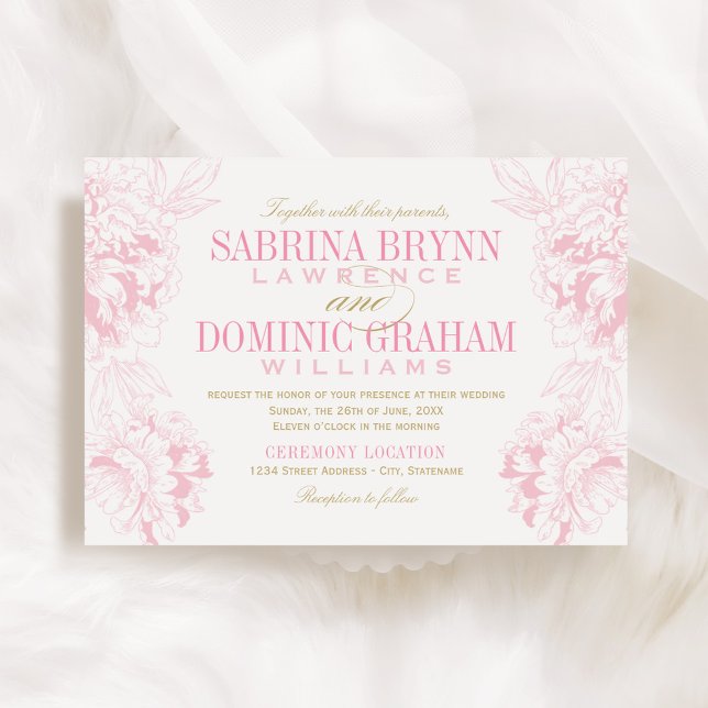 Pink Peony and Gold Frame Wedding Invitation (Creator Uploaded)
