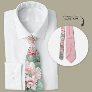 Pink Peony and Plaid Floral Groomsmen Tie