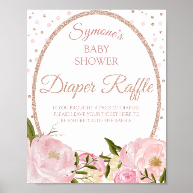 Pink Peony and Rose Gold Baby Shower Diaper Raffle Poster (Front)