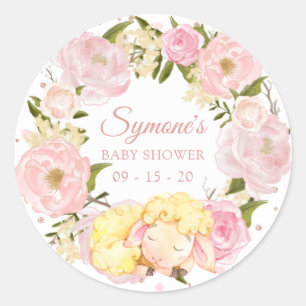 Pink Peony and Rose Gold Lamb Polkadot Baby Shower Classic Round Sticker