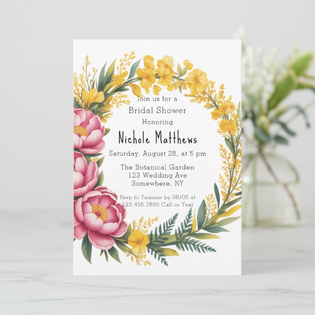Pink Peony and Yellow Floral Bridal Shower Invitation (Standing Front)