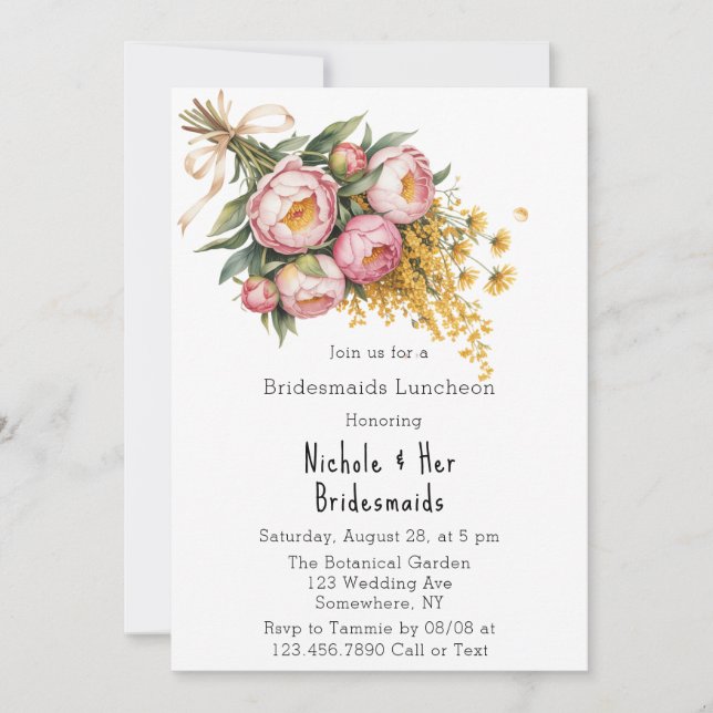 Pink Peony and Yellow Floral Bridesmaids Luncheon Invitation (Front)