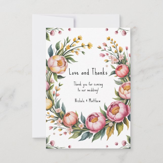 Pink Peony and Yellow Floral Wedding  Thank You Card (Front)
