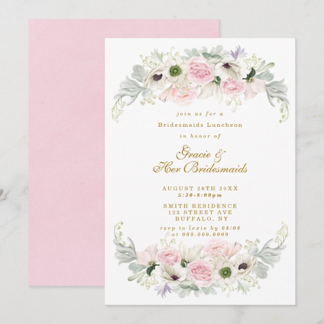 Pink Peony Anemone Bridesmaids Luncheon Invite (Front/Back)