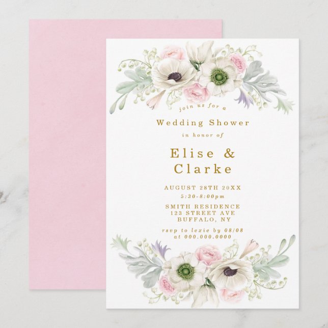 Pink Peony Anemone Flower Gold Wedding Shower (Front/Back)
