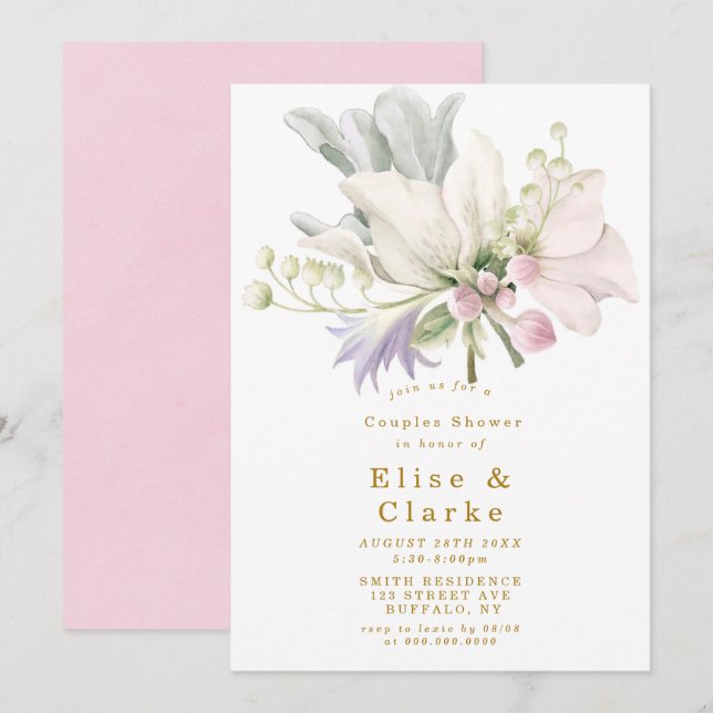 Pink Peony Anemone Gold Couples Shower Invite (Front/Back)