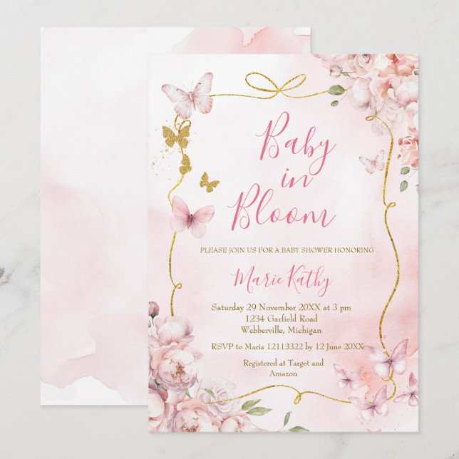 Pink Peony Baby in Bloom Butterfly Invitation (Front/Back)