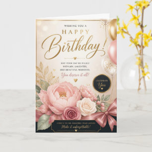 Pink Peony Balloons Birthday Card