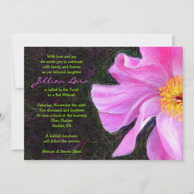 PINK PEONY Bat Mitzvah Invitation (Front)