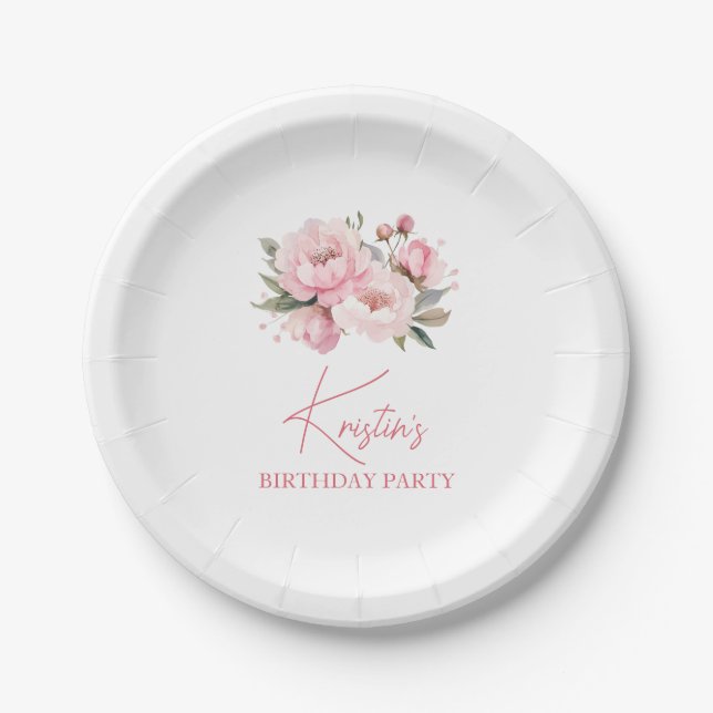 Pink Peony Birthday Paper Plate (Front)