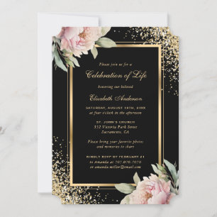 Pink Peony Black Gold Photo Celebration of Life Invitation