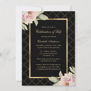 Pink Peony Black Gold Photo Celebration of Life Invitation
