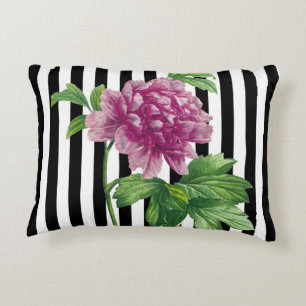 Pink Peony Black Stripes Chic Decorative Cushion