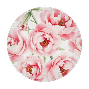 Pink Peony Blooms Watercolor Pattern Cutting Board