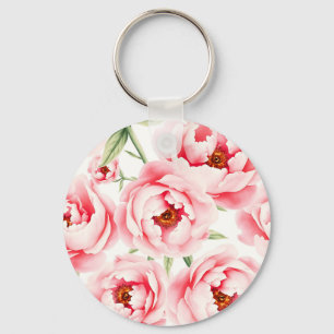 Pink Peony Blooms Watercolor Pattern Key Ring