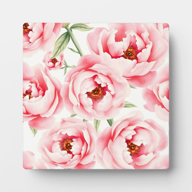 Pink Peony Blooms Watercolor Pattern Plaque (Front)