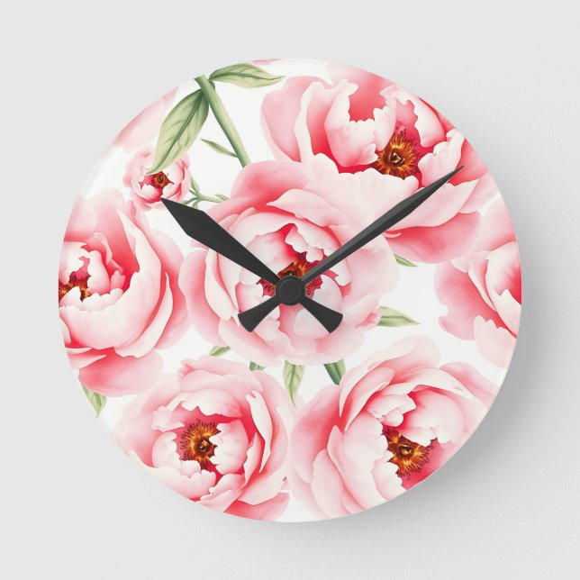 Pink Peony Blooms Watercolor Pattern Round Clock (Front)