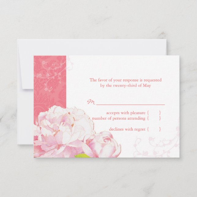 Pink Peony Blooms Wedding RSVP Card (Front)