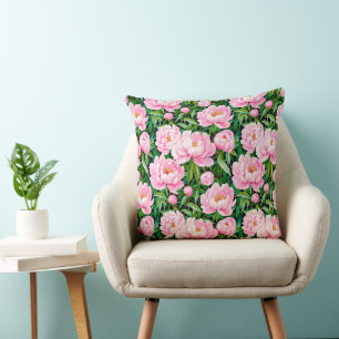 Pink Peony Blossoms on a Leafy Background Cushion