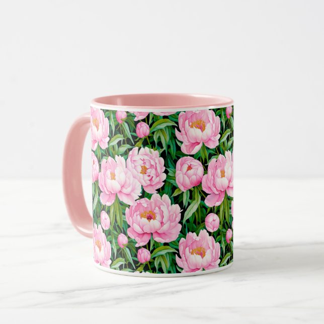 Pink Peony Blossoms on a Leafy Background  Mug (Front Left)