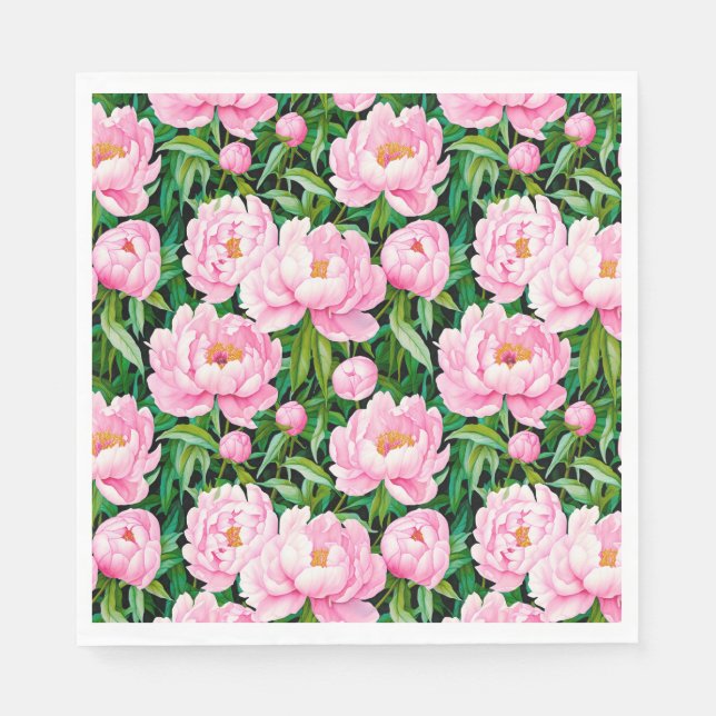 Pink Peony Blossoms on a Leafy Background  Napkin (Front)