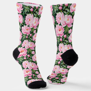 Pink Peony Blossoms on a Leafy Background Socks