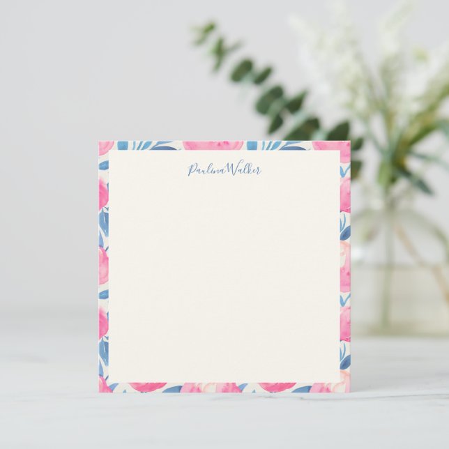 Pink Peony Blue Botanical Border Script Name Card (Standing Front)