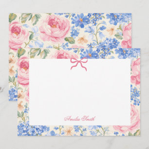 Pink Peony Blue Hydrangea girly summer Note Card