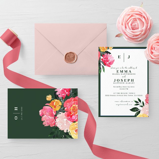 Pink Peony Boquet Floral  on green Wedding Invitation (Creator Uploaded)