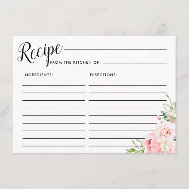 Pink Peony Botanical Bridal Shower Recipe Card (Front)