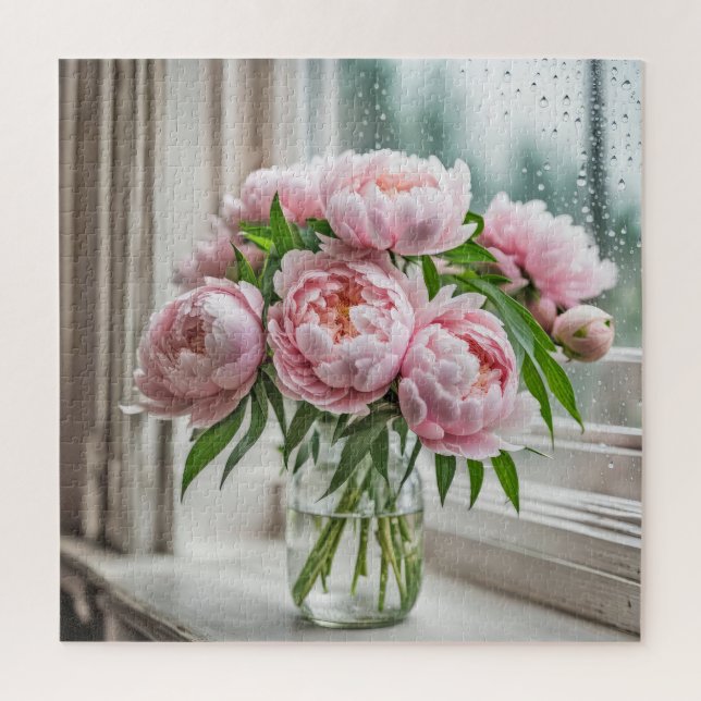 Pink Peony Bouquet By a Rainy Window Jigsaw Puzzle (Vertical)