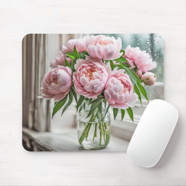 Pink Peony Bouquet By a Rainy Window Mouse Mat (With Mouse)