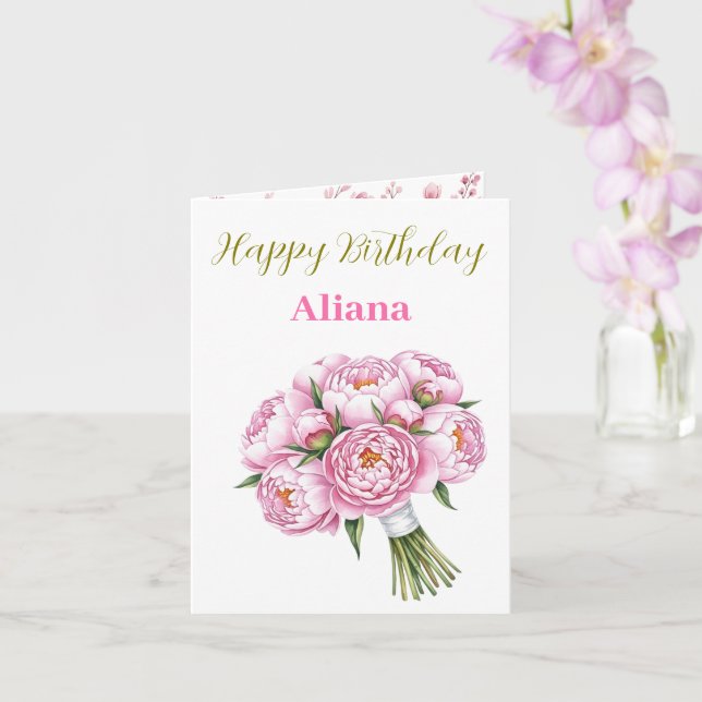 Pink Peony Bouquet Custom name & Text Pretty Girl  Card (Orchid)