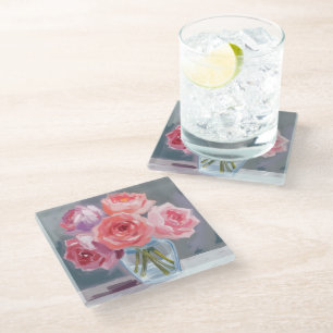 Pink Peony Bouquet Floral Watercolor Painted Glass Coaster
