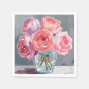 Pink Peony Bouquet Floral Watercolor Painted Napkin